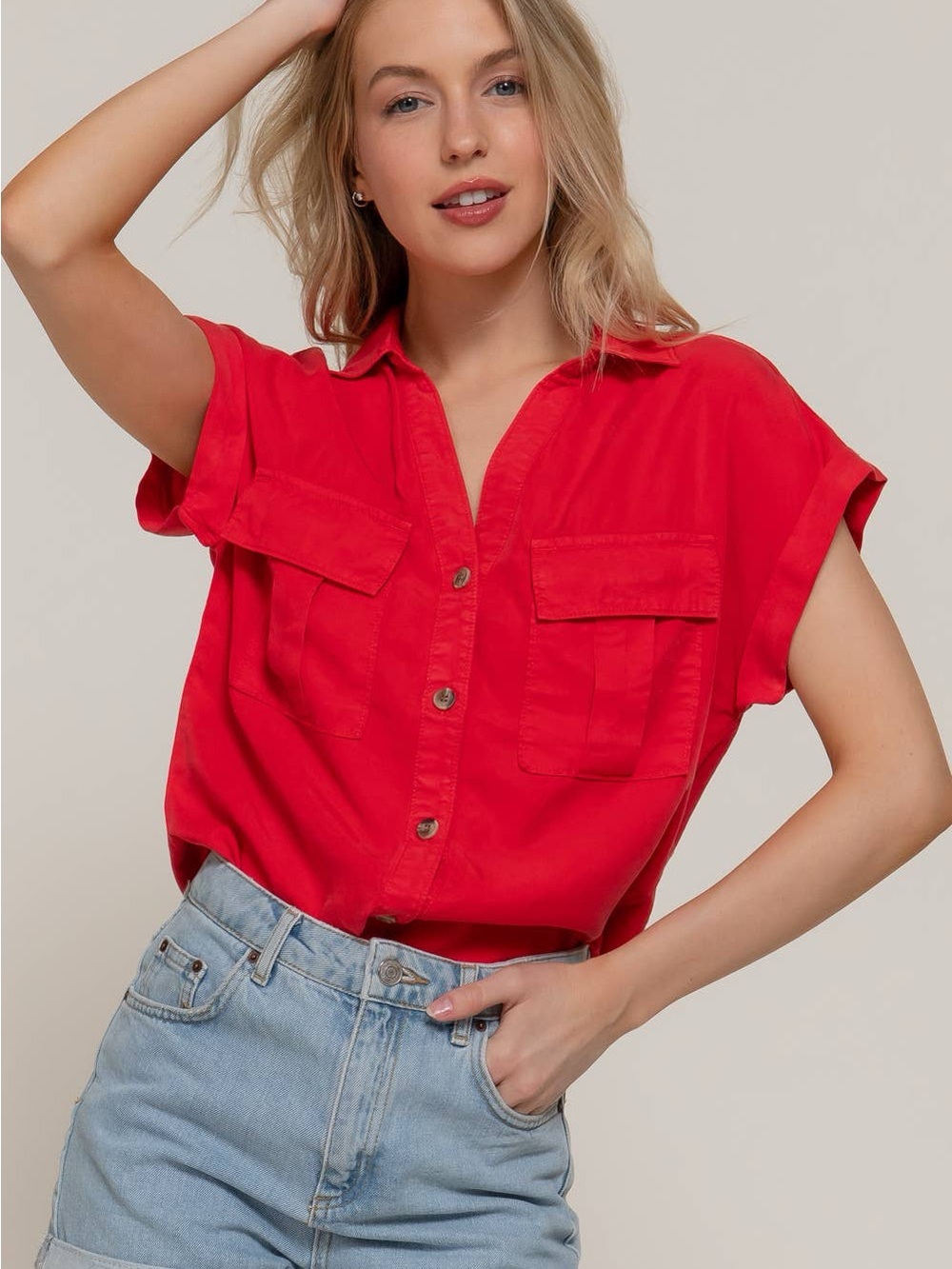 Red Short-Sleeve Button Front Utility Shirt